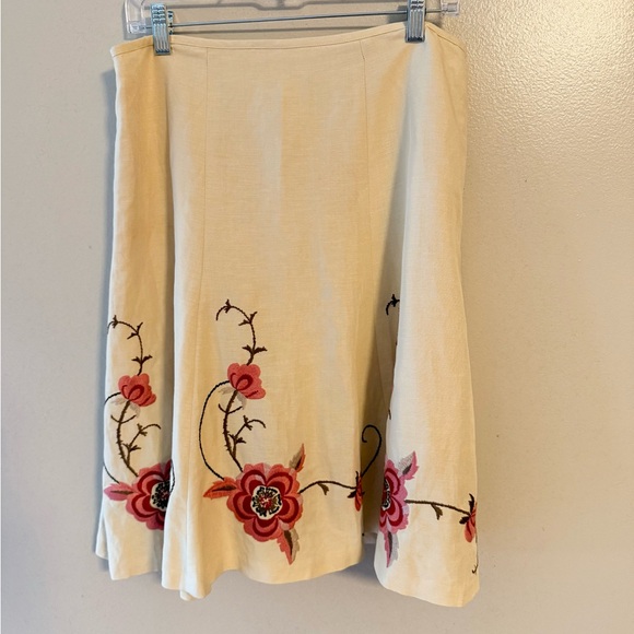 Loft Womens Skirt Officewear Linen Blend Embroidered Floral Cream Size 10 - Picture 1 of 10